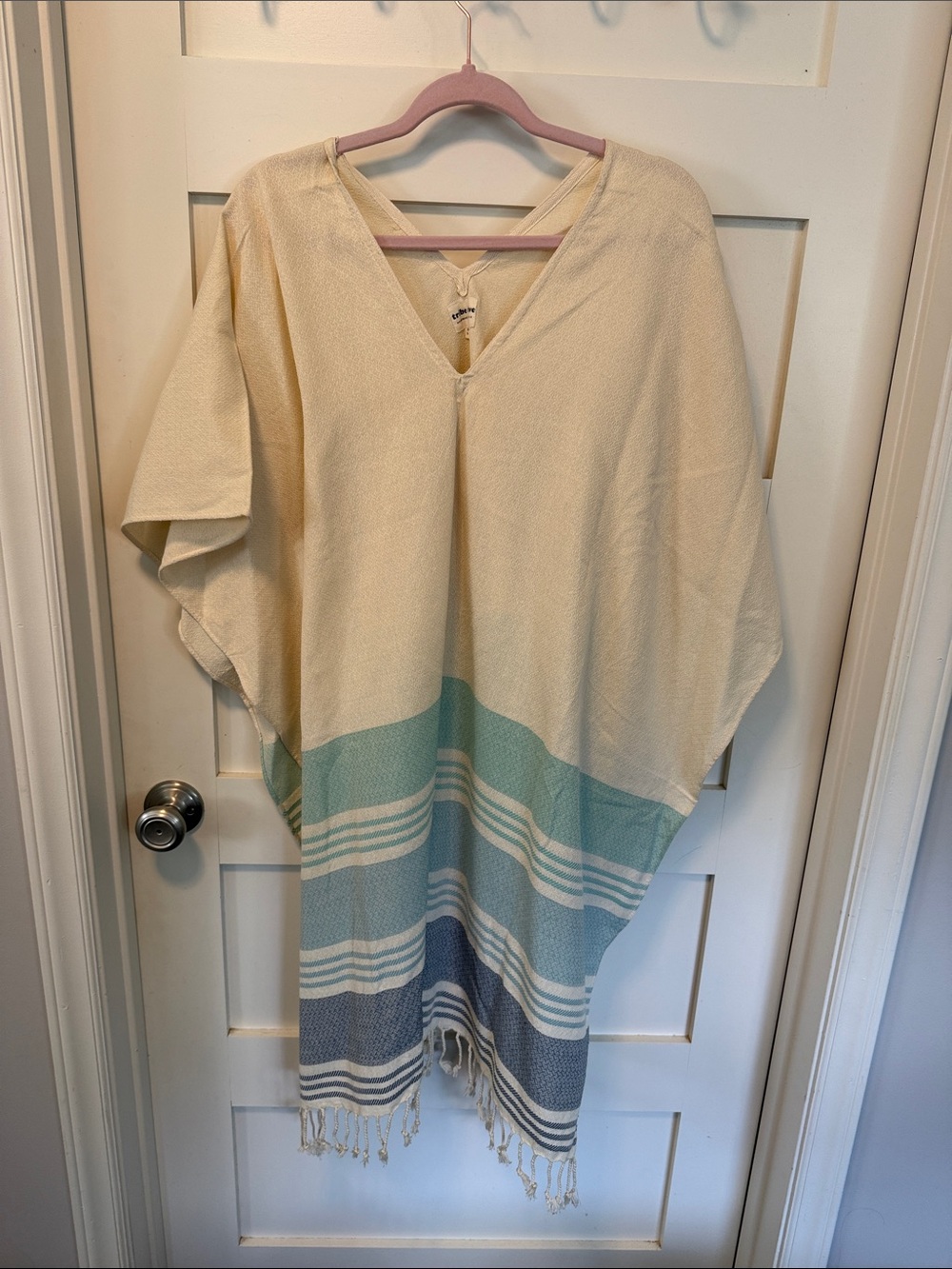 tribe alive Cream V-Neck Poncho with Aqua & Navy Stripes